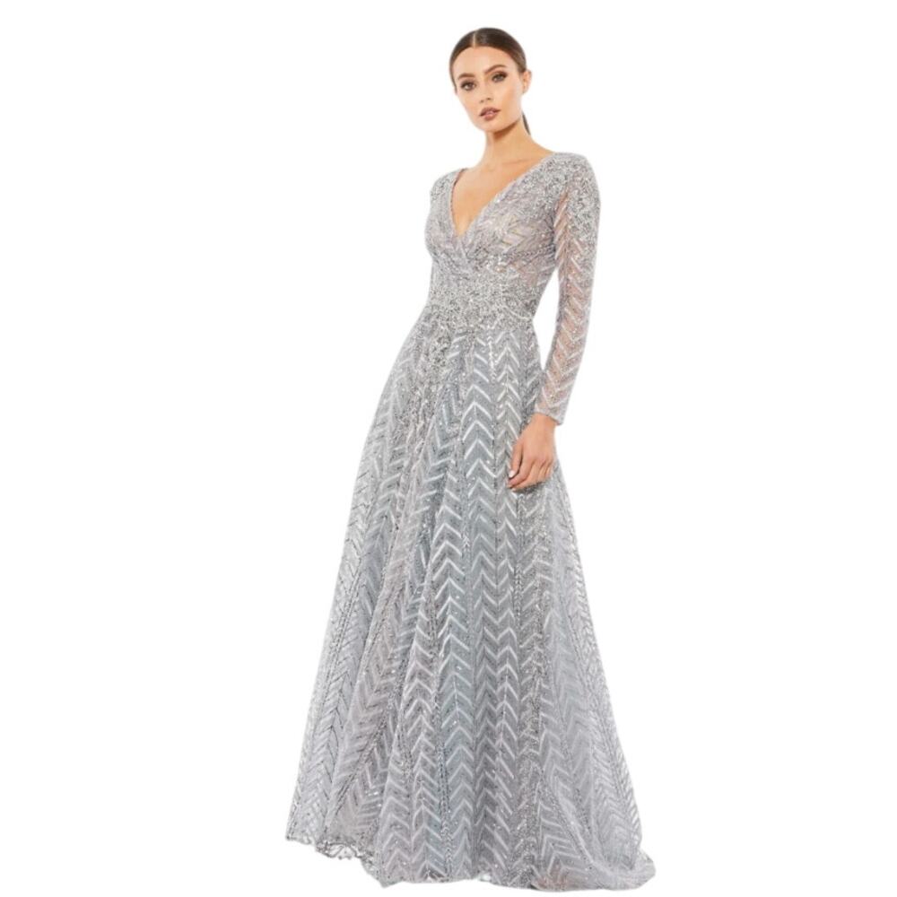 NWT  Mac Duggal Embellished Long Sleeve Wrap Over A Line Gown, Platinum, 10